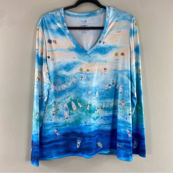 Art & Sol Amber Moran Blue Coastal Beach Boats Scene Top Blouse Sz Large - Picture 2 of 9